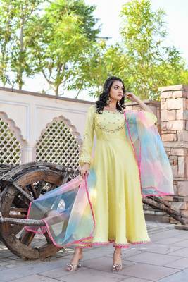 lemon yellow sequence & resham embroidered anarkali set with multi-color organza dupatta 1