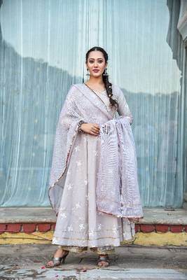 3 piece off centre open anarkali with pants and kota doria dupatta 1