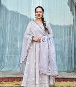 3 piece off centre open anarkali with pants and kota doria dupatta