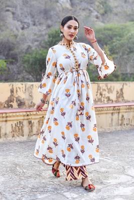2 piece anarkali style, gathered waist gorgeous block print flared kurta and wrick wrack pant set. 2
