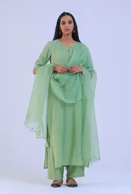 Green cotton kurta with pant & dupatta set 1