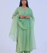Green cotton kurta with pant & dupatta set