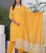 Yellow women lehariya printed embroidered aline kurta pant with dupatta set