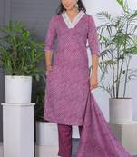 Purple women lehariya printed embroidered aline kurta pant with dupatta set