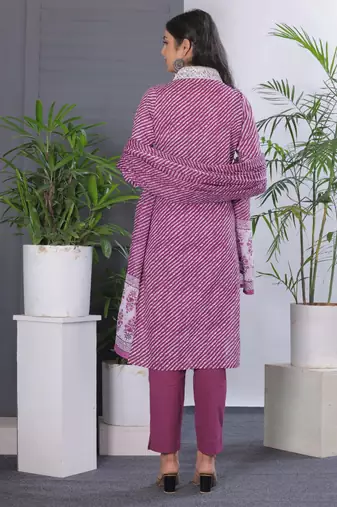 Purple women lehariya printed embroidered aline kurta pant with dupatta set