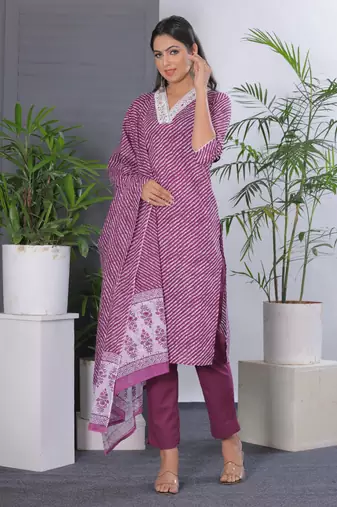 Purple women lehariya printed embroidered aline kurta pant with dupatta set