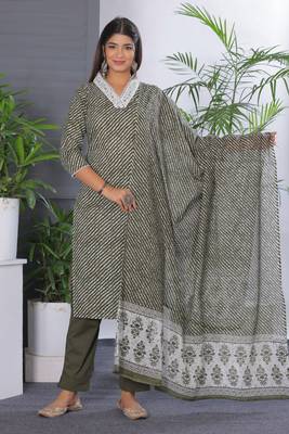 Olive women lehariya printed embroidered aline kurta pant with dupatta set 1