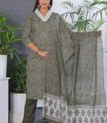 Olive women lehariya printed embroidered aline kurta pant with dupatta set