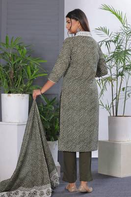 Olive women lehariya printed embroidered aline kurta pant with dupatta set 2