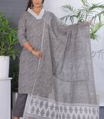Grey women lehariya printed embroidered aline kurta pant with dupatta set