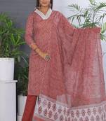 Maroon women lehariya printed embroidered aline kurta pant with dupatta set