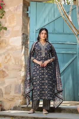 Cobalt blue cotton heavy gold print dupatta suit set 1