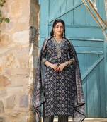 Cobalt blue cotton heavy gold print dupatta suit set