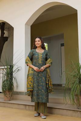 Deep teal & mustard cotton dupatta suit set 1