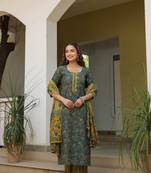 Deep teal & mustard cotton dupatta suit set