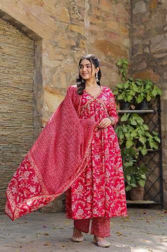 Raspberry cotton suit & dupatta set