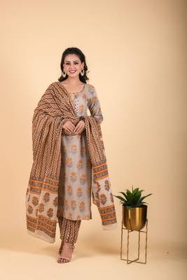 3 piece metal grey and chocolate brown kurta with printed cambric dupatta and pants 1