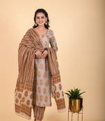 3 piece metal grey and chocolate brown kurta with printed cambric dupatta and pants