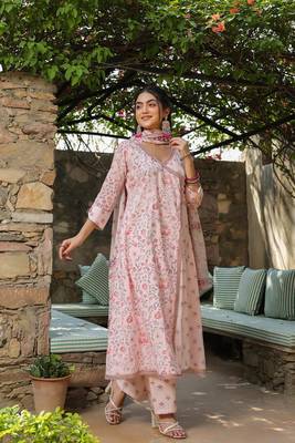Baby pink cotton angrakha style dupatta suit set 1