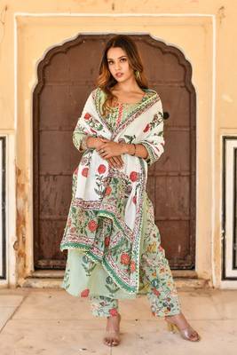 pistachio green & off white 3 piece kurta with printed dupatta and pants 1