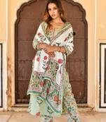 pistachio green & off white 3 piece kurta with printed dupatta and pants