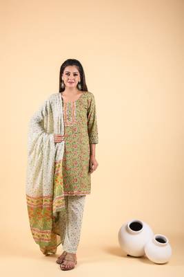 3 piece asparagus green and chanderi multi-printed suit set 1