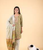 3 piece asparagus green and chanderi multi-printed suit set