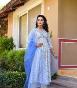 Powder blue & star white alia cut suit set with organza dupatta