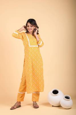 Cotton mustard yellow straight fit kurta set 1