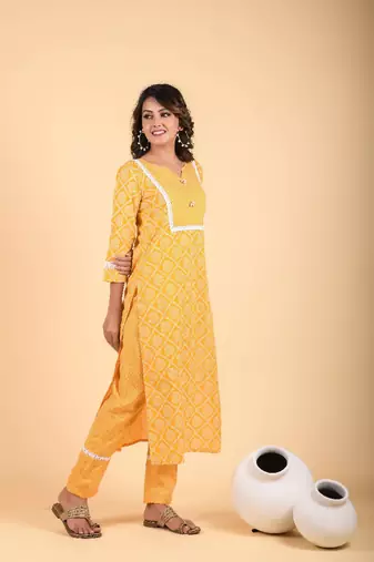 Cotton mustard yellow straight fit kurta set