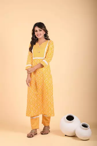 Cotton mustard yellow straight fit kurta set