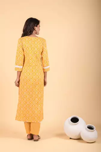 Cotton mustard yellow straight fit kurta set
