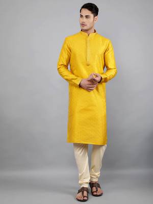 Woven Design Kurta Set - Mustard 1