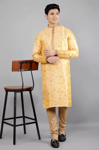 Woven Design Kurta Set - Mustard