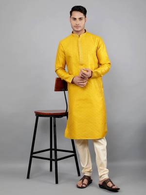Woven Design Kurta Set - Mustard 2