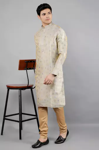 Woven Design Kurta Set - Grey