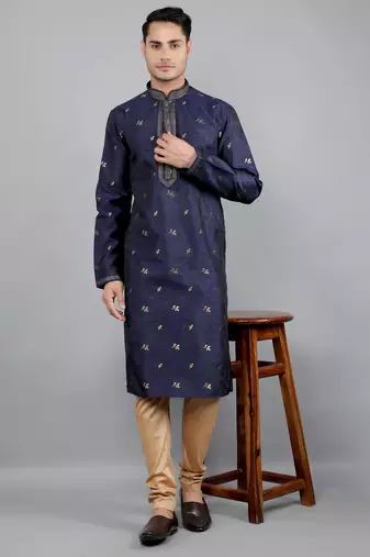 Woven Design Kurta Set - Navy Blue