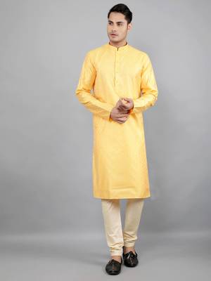 Woven Design Kurta Set - Yellow 1