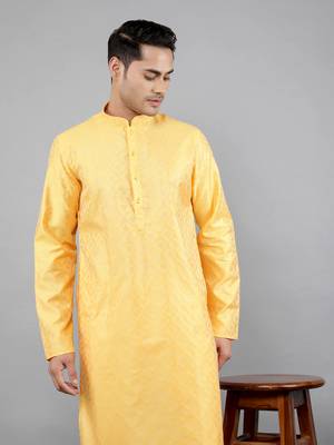 Woven Design Kurta Set - Yellow 5
