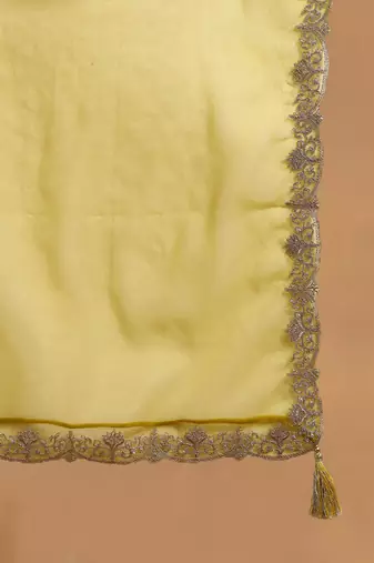 Lime green color silk blend zari work fancy kurta, bottom and dupatta set