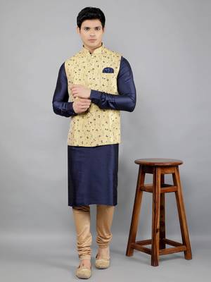 Jacquard Kurta Sets With Nehru Jacket - Navy Blue 1