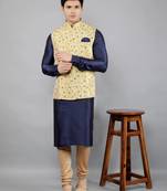 Jacquard Kurta Sets With Nehru Jacket - Navy Blue