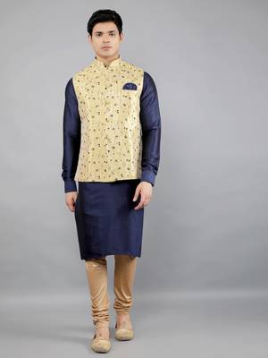 Jacquard Kurta Sets With Nehru Jacket - Navy Blue 2