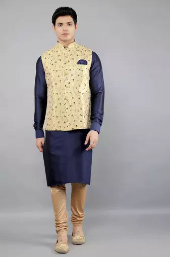 Jacquard Kurta Sets With Nehru Jacket - Navy Blue