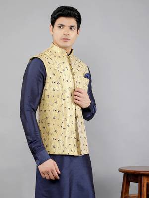 Jacquard Kurta Sets With Nehru Jacket - Navy Blue 3