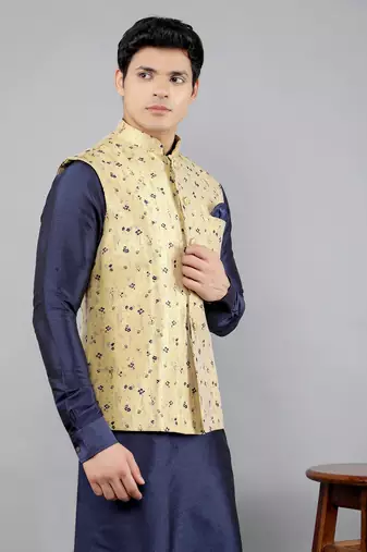 Jacquard Kurta Sets With Nehru Jacket - Navy Blue