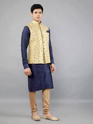 Jacquard Kurta Sets With Nehru Jacket - Navy Blue 4