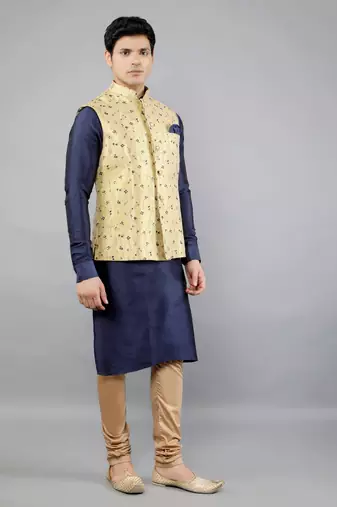 Jacquard Kurta Sets With Nehru Jacket - Navy Blue