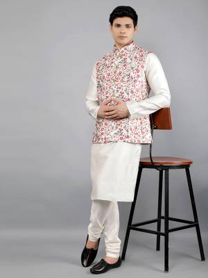 Festival Kurta Sets With Nehru Jacket - Cream 1