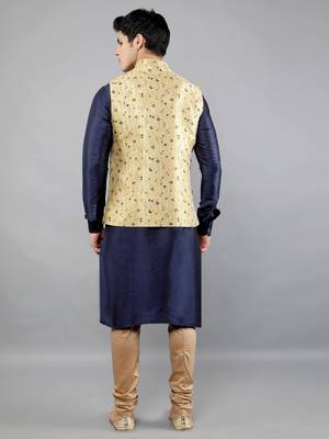 Jacquard Kurta Sets With Nehru Jacket - Navy Blue 5